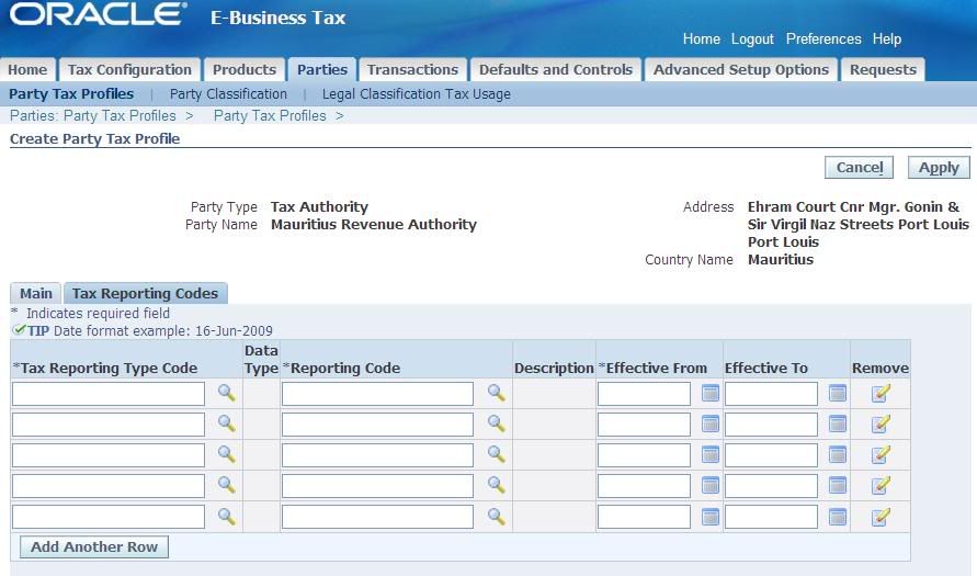 Create  Party Tax Profile - Tax Reporting Codes
