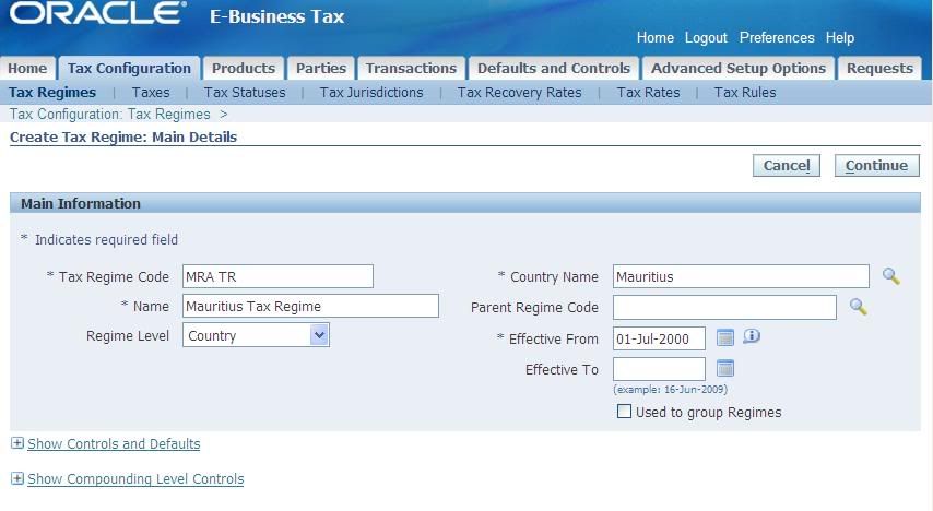 Tax Regime - Main Details