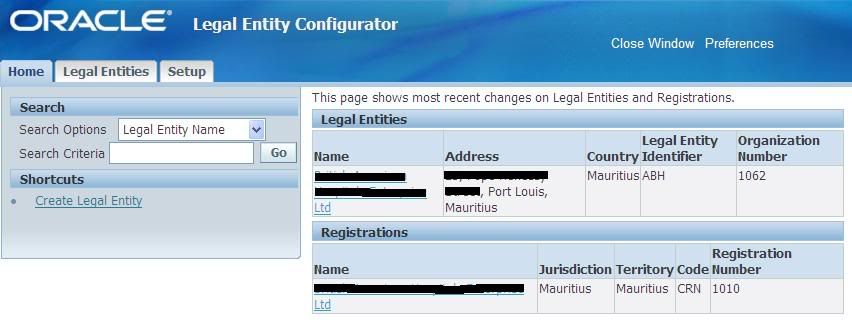 Legal Entity Configurator Homepage